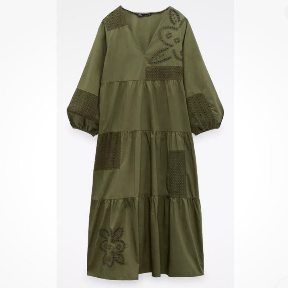 Zara Olive Patchwork V-Neck Tiered Midi Dress - Picture 8 of 16
